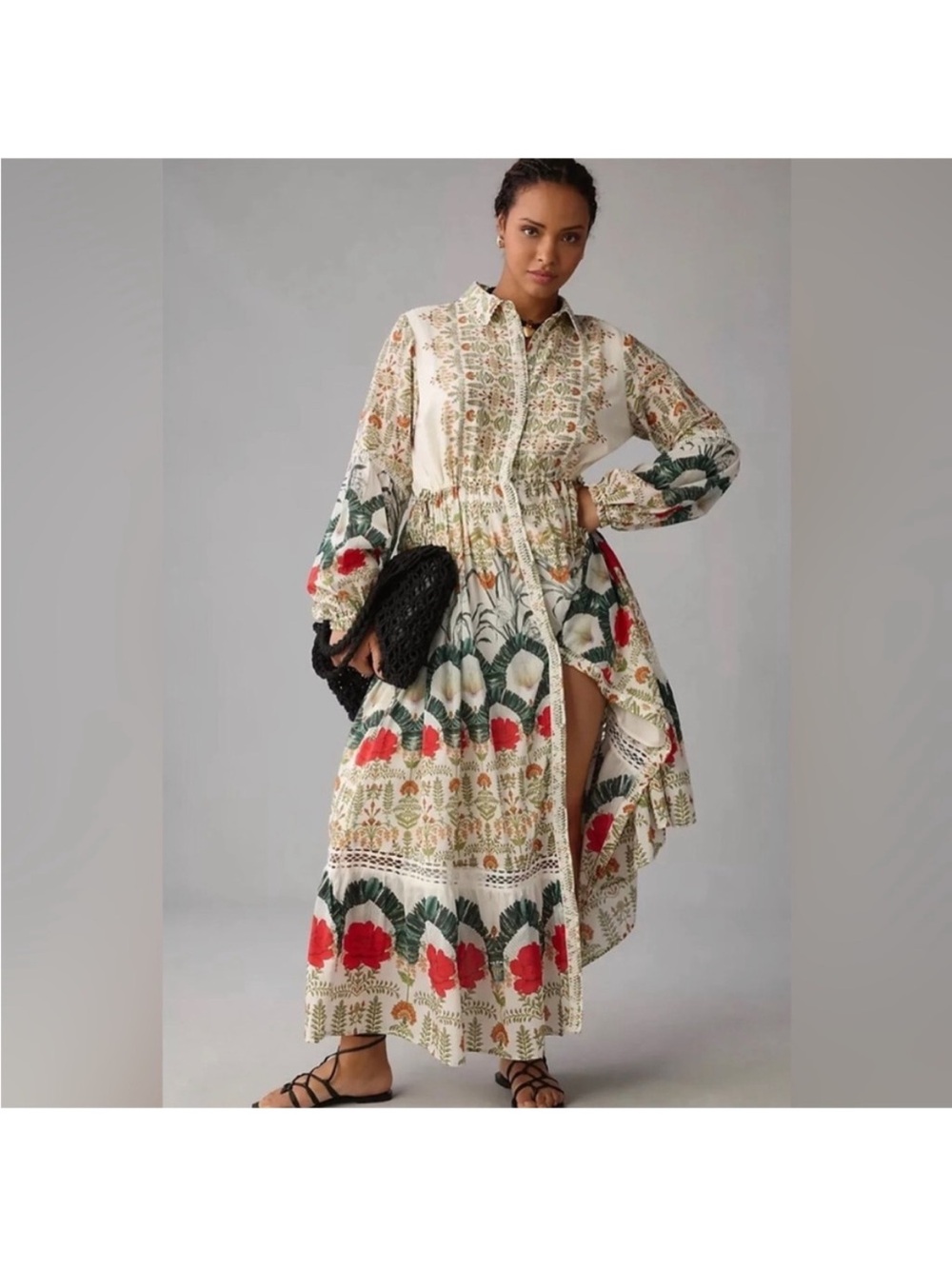 Anthropologie Button Down Eleanora Maxi Shirt Dress Botanical Motif silk medium - Picture 3 of 11